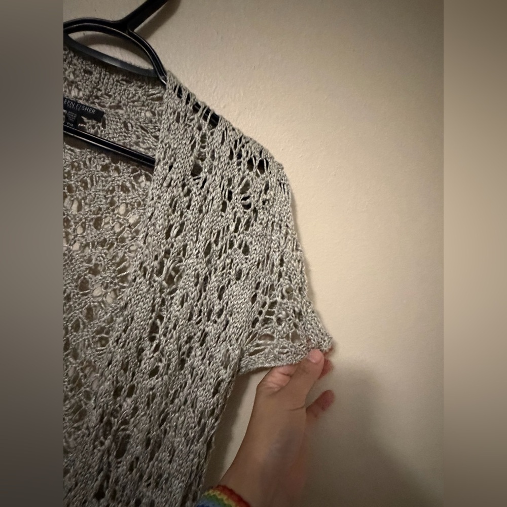 Open-Knit Short Sleeve Cardigan Sweater - Light Gray -Eileen Fisher - Picture 4 of 8